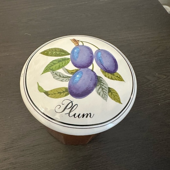 Vintage Plums Preserves Container by Gailstyn Sutton Jam Jar Ceramic Brown White - Picture 1 of 5